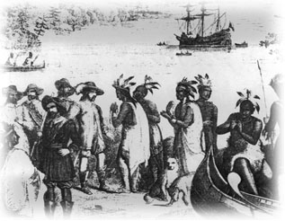 A drawing depicting the the first European settlers interacting with the natives.  